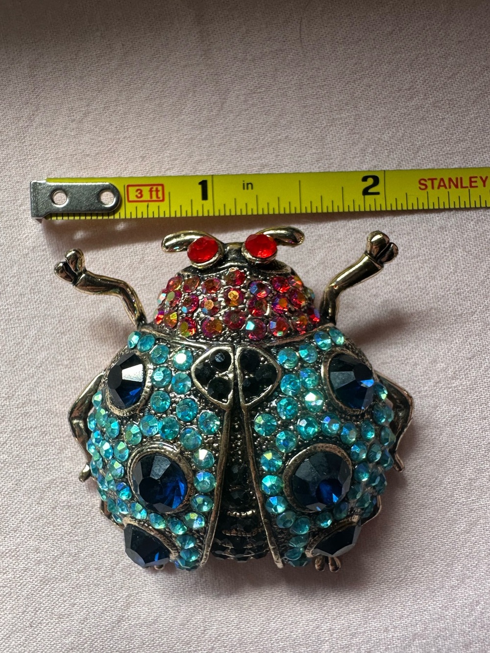 Gold Tone Iridescent Jeweled Beetle Brooch - Picture 8 of 17